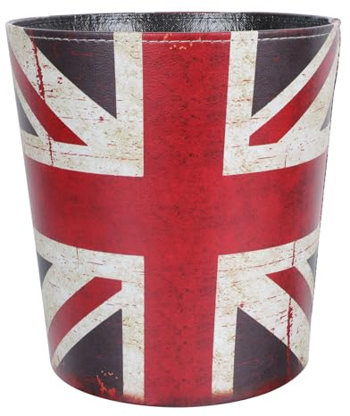 GALPADA Vintage European Style Leather Wastebasket, Large Retro Waste Paper Basket with Union Jack Print, Home Office Storage Bin without Lid, Household Garbage Container