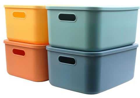 MaxEarn 4Stk 15.5L Bunt Kunststoff Aufbewahrungsbox mit Deckel, 36.5x27.5x15.5cm Stapelbare Aufbewahrungsbehälter in 4 Farben, Kunststoffbox Organizer Box für Regale, Küche, Badezimmer, Büro