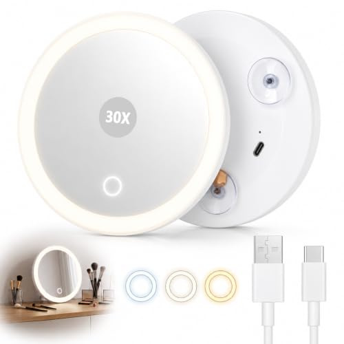 Espejo Aumento 30X con Luz LED 3 Colores Ventosas USB Recargable 15CM | Espejo Maquillaje LED Regulable, 3 Ventosas, Luz Ajustable, Portátil para Maquillaje, Cuidado Facial y Viaje Color Blanco