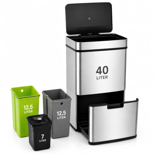 casa pura Cubo de basura eléctrico con 4 compartimentos, con sensor, sistema de separación de basura, cubo de basura de cocina, cierre suave, para cocina, oficina, 72 litros, Dirk