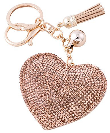 Soleebee Leder Liebes-Herz Keychain Bling Kristallstrass Taschen Koffer Rucksäcke Zubehör Charm Auto Schlüsselanhänger Schlüsselring mit Quasten (Champagner)