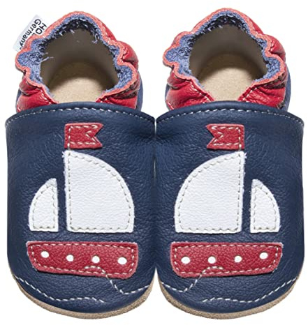 HOBEA-Germany Krabbelschuhe für Jungs und Mädchen in verschiedenen Designs, Kinderhausschuhe Jungen, Lederschuhe, Schuhgröße:26/27 (30-36 Monate), Modell Schuhe:Segelboot