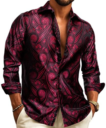 Barry.Wang Men Shirts,Paisley Flower Woven Silk Dress Shirt Long Sleeve Big and Tall, Medium -B(21.5 inch)/W(20.5 inch)/ SW(18 inch), Black Red