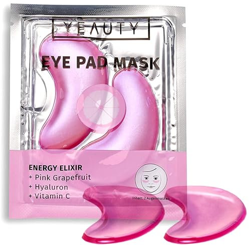 YEAUTY ENERGY ELIXIR EYE PAD MASK, feuchtigkeitsspendende Augenpads mit Pink Grapefruit, Hyaluron und Vitamin C, erfrischt und belebt die Haut für einen vitalen Teint, 1x 2 Stück