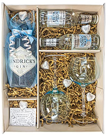Hendricks 70cl Gin Gift Set Hamper with 2 Tonic Waters, Blue Balloon Gin Glasses, Belgian Heart Chocolates and Gift Box - Gift For Men and Women, Gin Lovers, Congratulations or Thank you Gift