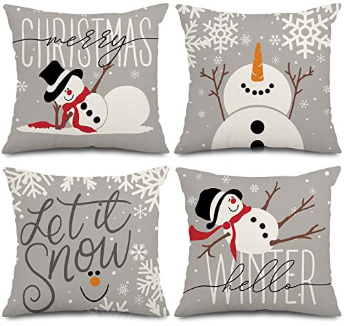 AnyDesign Grauer Weihnachts-Kissenbezug Schneemann-Wurfkissenbezug Let It Snow Merry Christmas Hello Winter Kissenbezug für Zuhause, Bauernhaus, Couch, Sofa, Auto, 45 x 45 cm, 4 Stück