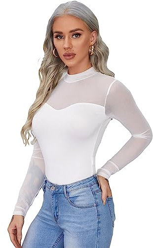 GORGLITTER Women's Mesh Long Sleeve Top T Shirt Sheer Mock Neck Stretchy Sexy Party Tee Top White L