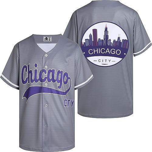 DEHANER City Baseball Trikots für Herren Damen Button Down Casual Shirts Streetwear Outfits Fans Tops, Chicago City-graues Trikot, XL