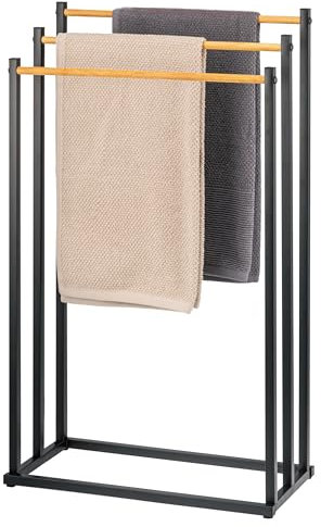 eluno Stand-Handtuchhalter freistehend, 3 Stangen, Handtuchständer, Bambus (schwarz)