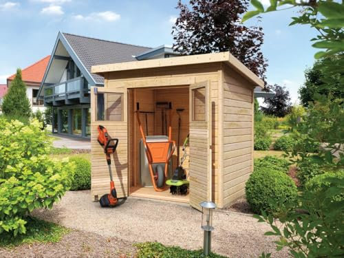 Karibu Gartenhaus Merseburg 3 | Gerätehaus mit 14 mm Wandstärke | Doppeltür mit Lichtausschnitten | Schuppen: 3,26 m² Grundfläche | Steck-/Schraubsystem | Naturbelassen | 240 x 175 x 220 cm