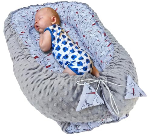 Leanbe Babynest 90x50 cm – Baby Nest - Nestchen für Neugeborene aus Baumwolle & Polyester – Kuschelnest, ideal für Herbst & Winter – Babybett für Indoor & Outdoor (Grau & Störche)