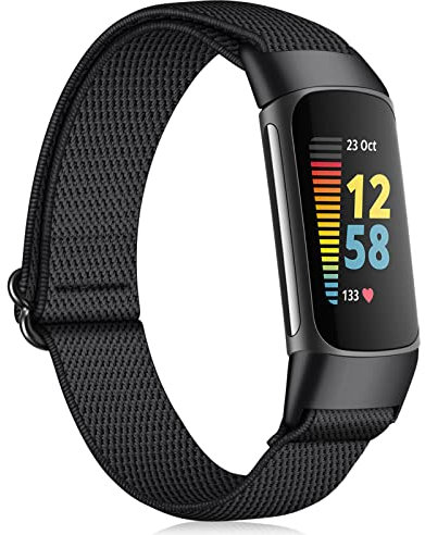 Fintie Armband Kompatibel mit Fitbit Charge 6/Charge 5 - Elastisch Nylon Ersatzarmband Verstellbar Uhrenarmband - Schwarz