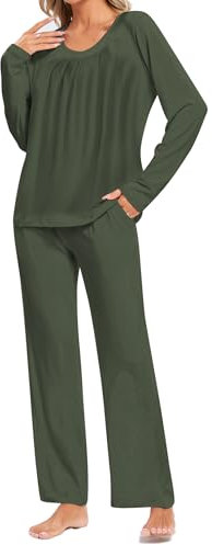 Famulily Damen Frühlings Pyjama Sets einfarbig Langarm Tuinc Tops und weit geschnittene Lounge Hosen mit Taschen Armeegrün XL