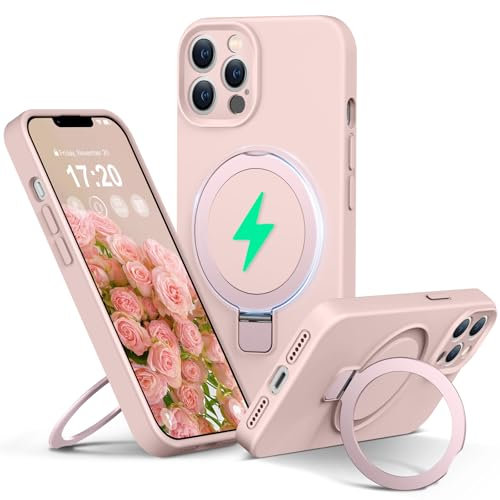 PuyaTeya Liquid Silicone Hülle für iPhone 12 pro MAX mit Magnetisch Ring Ständer, Upgraded Kameraschutz Mil-Grade Drop Shockproof Anti-Scratch Microfiber Lining Silikon hülle(Rosa)