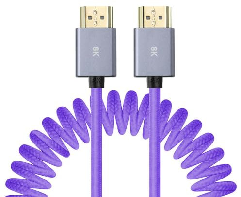 Uonecn Cavo HDMI a spirale 2.1 per fotocamera Atomos Ninja V, per Portkeys BM5, 48 Gbps 8K, cavo a spirale HDMI intrecciato viola per fotocamera, per Sony A7iv, Z-CAM F6, Z-Cam E2 Pro (30,5 - 50 cm)