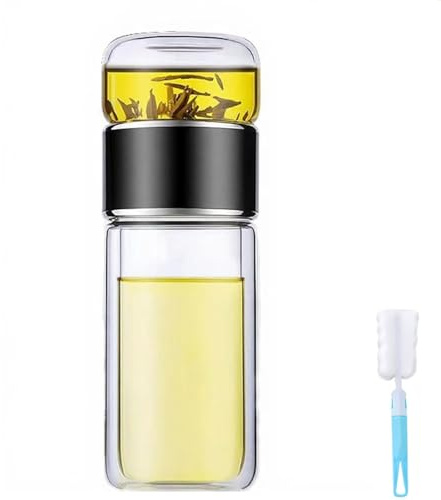 Tryteava Glas-Tee-Ei, 3-in-1 Smart-Doppelwand-Tee-Ei Flasche mit Edelstahlfilter, auslaufsicherer, tragbarer Becher für Zuhause, Büro, Reisen, Heiß- und Kaltbrühbecher (Schwarz, 500 ml)