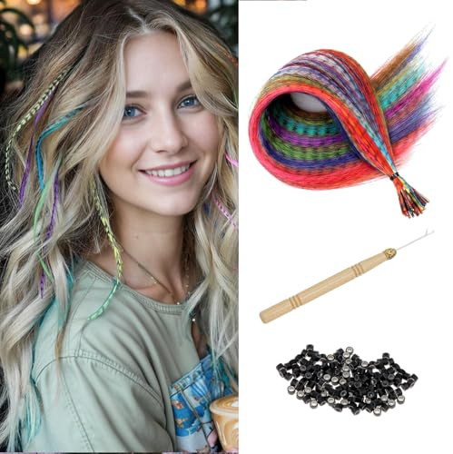 26 Piezas Kits Extensiones de Pelo Colores, Sintetico Extensiones de Plumas para el Pelo, 50Pcs Cuentas, 1Pc Gancho, 13 Colores Aleatorio Mechas Cabello Postizo Decoracion