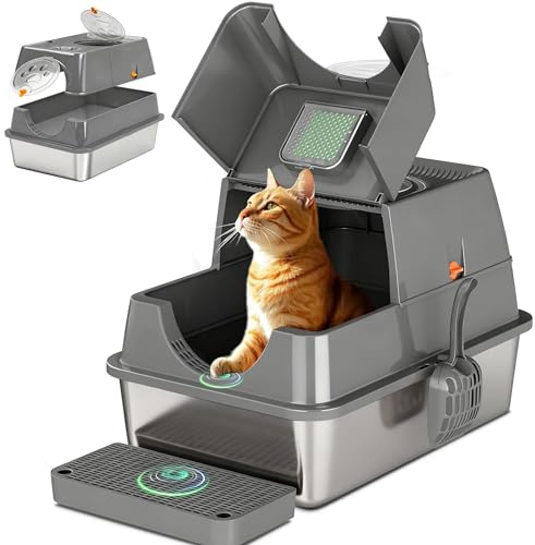 Katzenklo Edelstahl mit Deckel, XL Katzentoilette Geschlossen mit Schaufel, Zwei-Tür-Konfiguration, Leicht zu Reinigen, Geruchshemmend, Rostfreier Stahl Katzenklo mit Pedals, Dunkelgrau