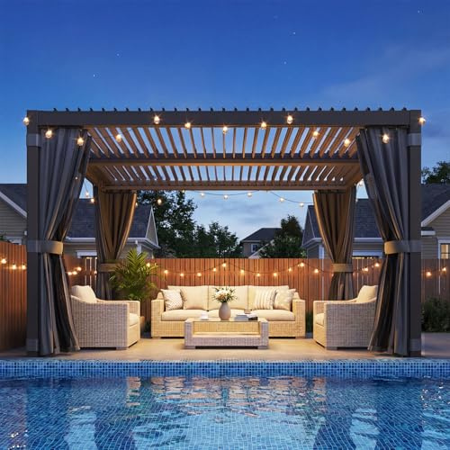 Pergola Bioclimatique 3x3,6 m en Aluminium et Acier avec Toit à Lamelles Orientables, Tonnelle de Jardin avec Rideaux Étanches et Moustiquaires, Noir