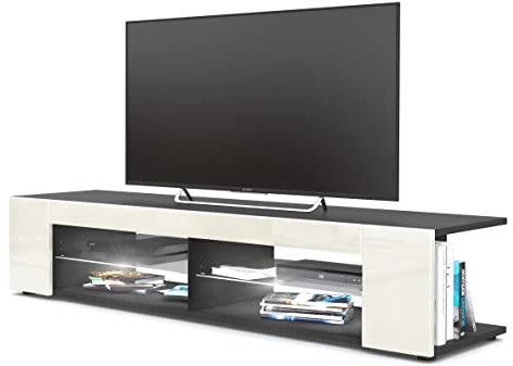 Vladon Lowboard Movie, TV-Kommode mit 4 offenen Fächern und Zierleisten, Schwarz matt/Creme Hochglanz, inkl. LED-Beleuchtung weiß (134 x 29 x 39 cm)