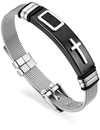 JewelryWe Schmuck Herren Armband, Klassisch Kreuz Mesh Kette Armreif, Edelstahl Gummi Kautschuk, verstellbare Größe, Schwarz Silber, Kostenlose Gravur