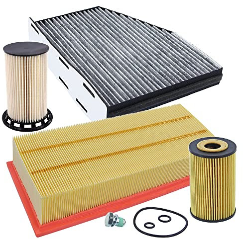 BESTPRICE Inspektionspaket Filterset mit 1x Ölfilter, 1x Luftfilter, 1x Innenraumfilter (Aktivkohle), 1x Kraftstofffilter, 1x Ölablassschraube mit Dichtung