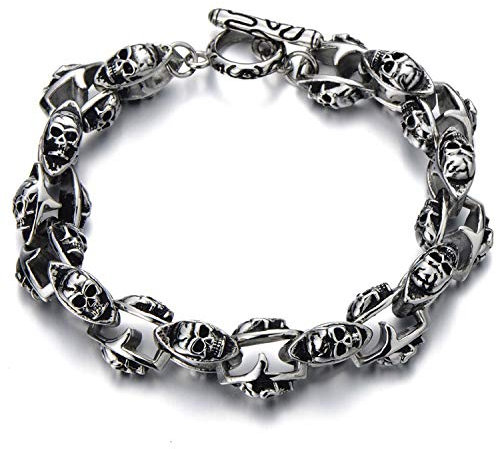 JewelryWe Schmuck Herren Biker Armband Edelstahl Gotik Totenkopf Schädel schwer Glieder Link Kettenarmband 23CM Armkette Armreif Silber
