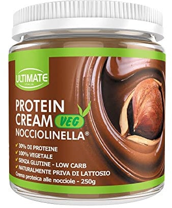 Ultimate Italia - Crema proteica al 30% spalmabile, senza zuccheri - 250g - gusto nocciola - senza lattosio e glutine - 100% vegetale - poche calorie, con vitamine