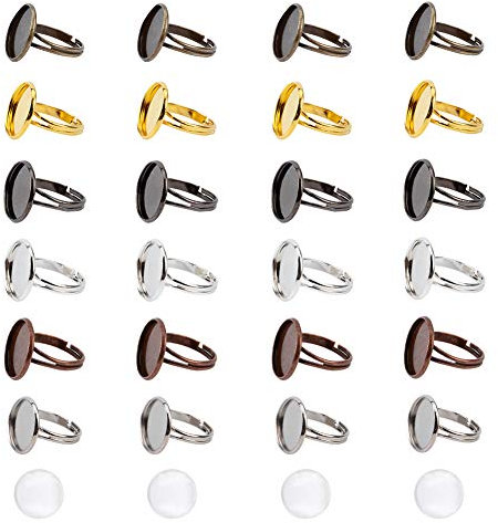 NBEADS 60 Pcs Cabochon Ringschalen Einstellbare Messing Pad Ringzubehör und Transparentes Glas Cabochon, Gemischte Farbe, Ring: 18×17 mm, Fach: 16 mm; Cabochon: 15.5-16×4-5 mm