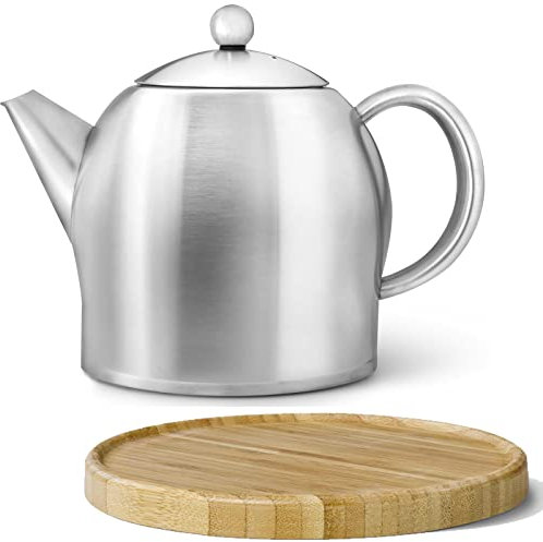 große matte doppelwandige Edelstahl Teekanne 1.4 Liter & Teebereiter ohne Filter & brauner Untersetzer aus Holz