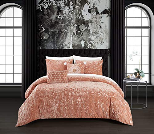 Chic Home Alianna 5 Piece Comforter Set Crinkle Crushed Velvet Bedding - Decorative Pillow Shams Included, King, Blush