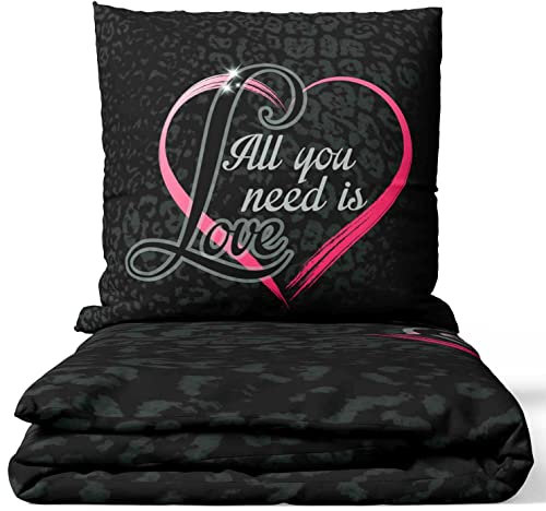 Leonado Vicenti 2 TLG. Bettwäsche Mikrofaser Herz Liebe 135x200 / 155x200 / 155x220 schwarz Pink Set mit Reißverschluss