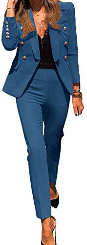 Conjunto de Traje para Mujer,Color Sólido Blazer y Pantalones Dos Piezas Set,Chaquetas de Traje de Negocios Elegante Blazer de Manga Larga+Pantalones de Traje para Oficina y Bodas Azul L