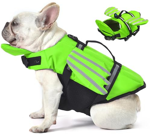 Petglad Hundeschwimmweste, Flügel Hundeschwimmweste mit Kinn-Schwimmer-Rettungsgriff für kleine, mittelgroße und große Hunde, verstellbare hohe Sichtbarkeit, Bootfahren (Grün, M)