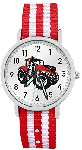 Pacific Time Kinder Armbanduhr Jungen Traktor für Kinder rot Trecker Kinderuhr Auto Car Textilarmband Leuchtzeiger Analog Quarz 87676