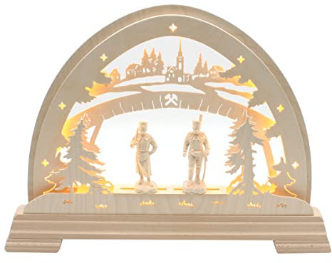 Dekohelden24 Rund-Schwibbogen aus Holz mit LED Band, Motiv: Handgeschnitzte Bergmänner, Bogen innen beleuchtet, ca. 48 x 5 x 37 cm.