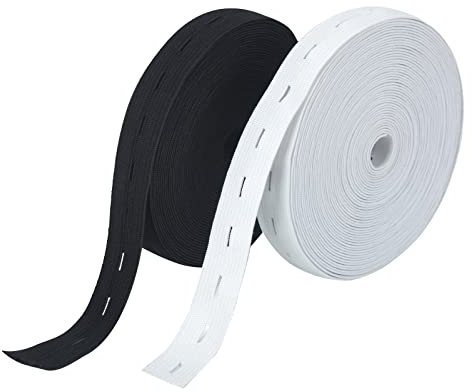 VEGCOO 14M(15 Yards) Élastique à Boutonnière, Bobine Élastique à Boutonnière avec 20 Boutons en Résine, Bande Élastique Couture pour Extendeurs de Taille Elastiques (15MM Blanc+Noir)