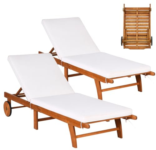COSTWAY 2er Set Sonnenliege mit Rollen und Auflage, klappbare Gartenliege mit Verstellbarer Rückenlehne, Liegestuhl aus Holz, Balkonliege, Strandliege für Garten, Balkon und Terrasse
