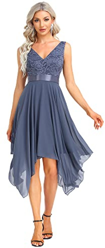 Ever-Pretty Women's Sleeveless V Neck Empire Waist A Line Lace Chiffon Knee Length Cocktail Evening Dresses with Asymmetry Stormy 18UK