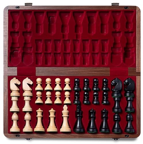 A&A Premium Natural Walnut Folding Chess Set, w/ 15 Board & 3 King Height Staunton Chess Pieces, Includes 2 Extra Queens and a Storage Bag