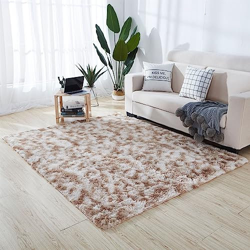 Reyox Shaggy Teppich Hochflor Langflor, Anti-Rutsch Teppiche Tie Dye Pflegeleicht für Wohnzimmer Schlafzimmer Bettvorleger Kamel 40 x 60 cm