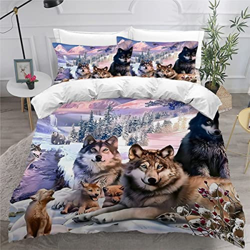 AKATIE Bettwäsche 155x220 Wolf Bettbezug 3D Druck flauschig Hypoallergen Bettwäsche-Set 3Teilig Teenager Jungen Mädchen Mikrofaser Bunt Winterlandschaft Betten Set