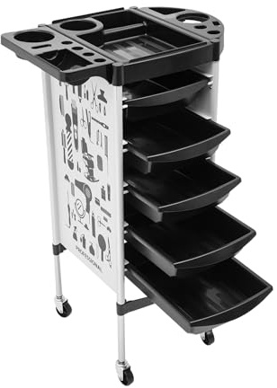 LUNICASHA Chariot de coiffeur pliable à 5 tiroirs - Chariot de travail - Chariot de travail - Chariot multifonction pour coiffeur - Chariot cosmétique professionnel pour salon de beauté - Blanc
