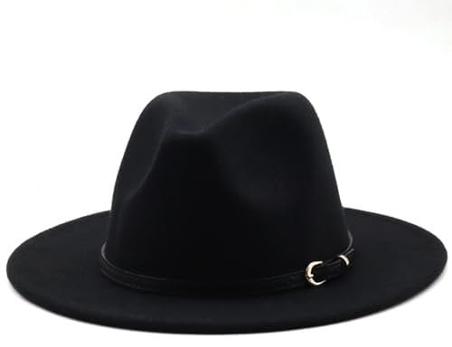 HEYANN Fedora Hut mit Breiter Krempe - Klassischer Unisex Trilby mit Gürtelschnalle für Damen und Herren - Panama Jazz Hut aus Filz (L, Schwarz)