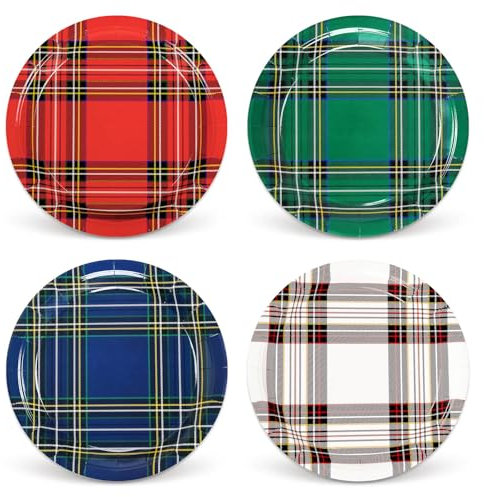 AnyDesign Christmas Paper Plates Plaid Disposable Plates Red Green White Blue Checked Xmas Dinner Plates 9 Inch for Winter Holiday Party Supplies Table Decor, 40Pcs