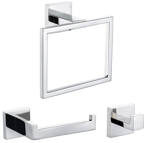 TURS 3 Pieces Square Towel Ring and Toilet Roll Holder Set,Polished Chrome | SUS304 304 Stainless Steel Towel Rack Set Contemporary Style Wall Mounted Toilet Roll Holder and Towel Rail