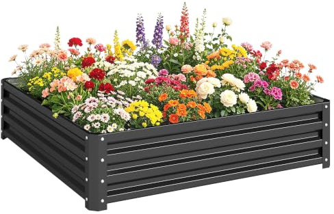 Outsunny Letto per Orto Rialzato con Fondo Aperto 120x120x30 cm Grigio | Rivestimento Impermeabile, Letto da Giardino, Acciaio Zincato, Orto Rialzato da Esterno