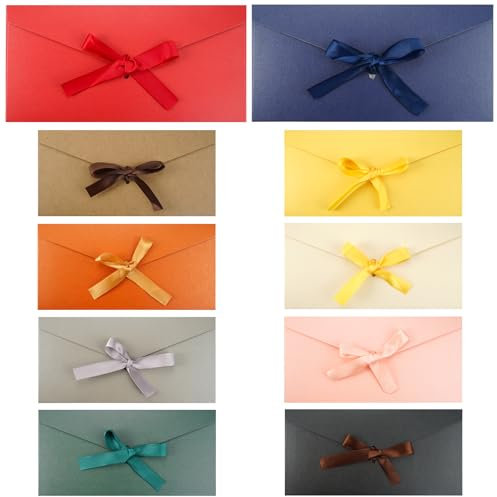 10 Stück Bunte Briefumschläge, Farbige Briefumschläge, Briefumschläge Hochzeit, Bunte Umschläge mit Bändern, Umschlag mit Schleife für Handgefertigte Einladungen,Hochzeits-Oder Festival-Karten