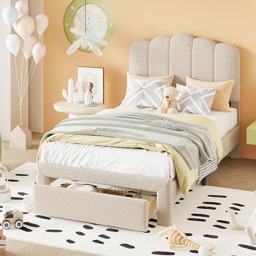 YESGIGA Polsterbett Kinderbett 140x200cm, hautfreundlicher Teddy-Stoff Bettrahmen mit Ablagefächern (Beige, 90x200cm)