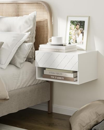 HEYZOEY Floating Bedside Table, Small Modern Nightstand With Drawer, Shelves for Bedroom, Bathroom, White Diamond